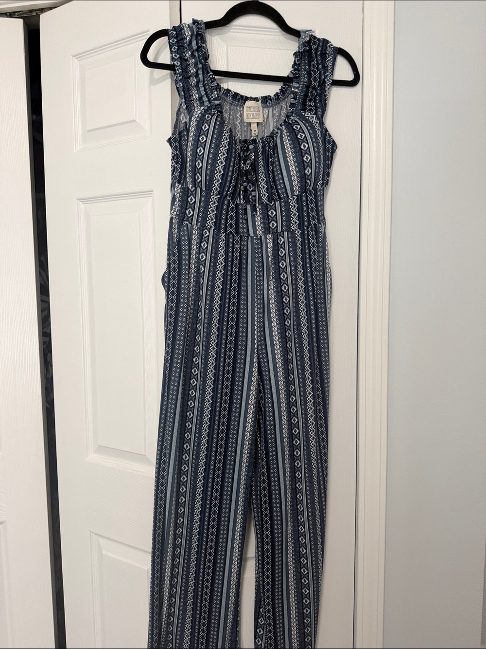 Derek Heart Navy and White Striped Pattern Ruffle-Shoulder Jumpsuits